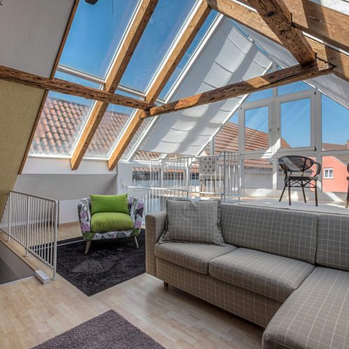 sofa seat and chairs in room with glass roof